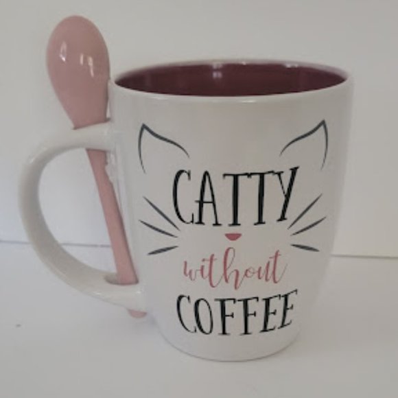 "Catty without Coffee" Whimsical Coffee Mug Teacup with Spoon - Picture 1 of 3